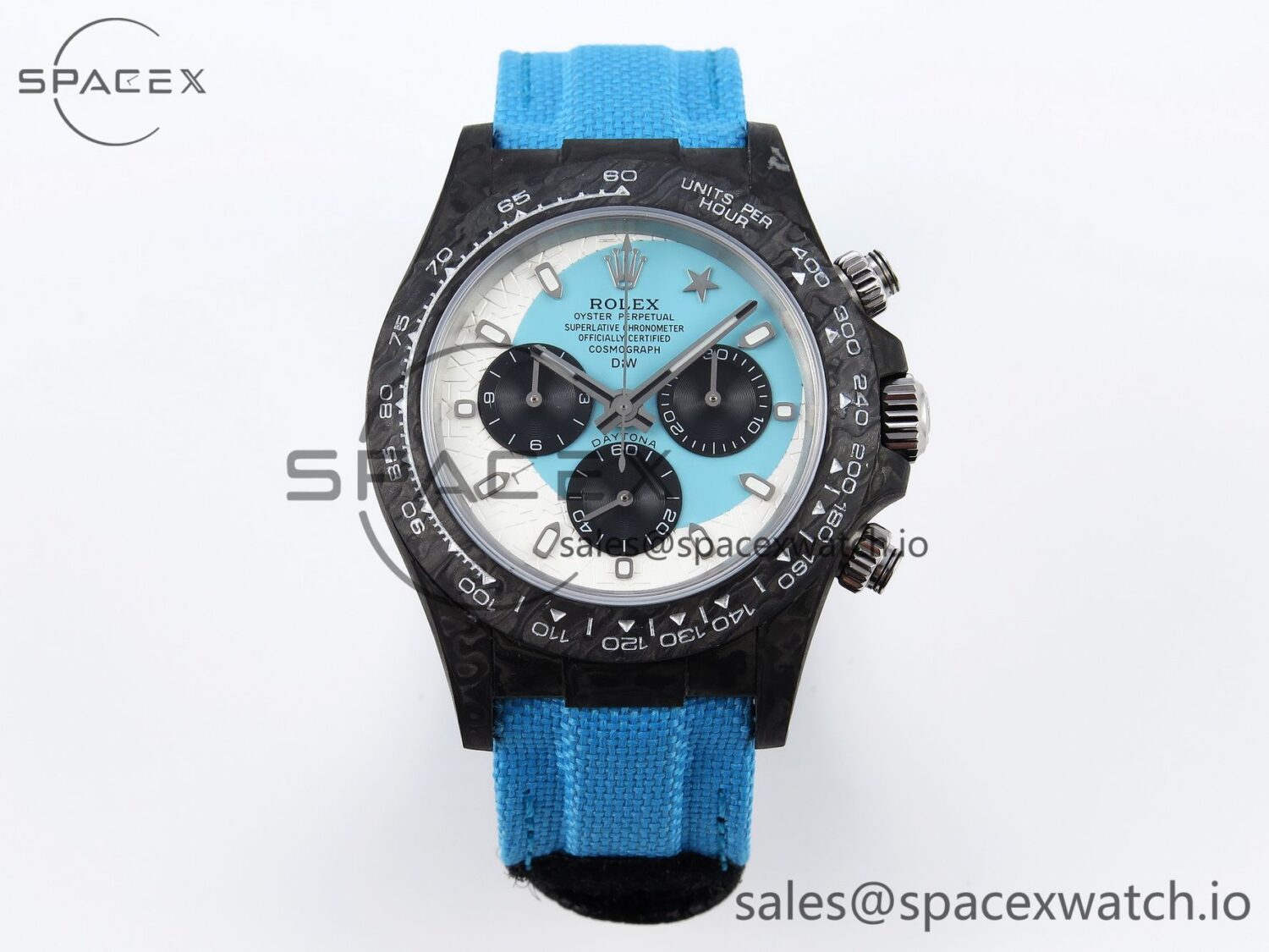 Rolex Daytona DIW Carbon Case and Bezel DIWF Edition White/Blue Dial on Blue Nylon Strap A7750 — custom-built watch
