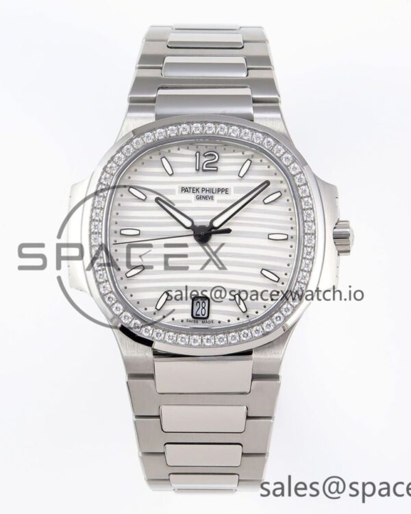 PATEK PHILIPPE NAUTILUS 7118 LADIES SS PPF reference-accurate WHITE DIAL DIAMONDS BEZEL ON SS BRACELET 324CS — custom-built watch