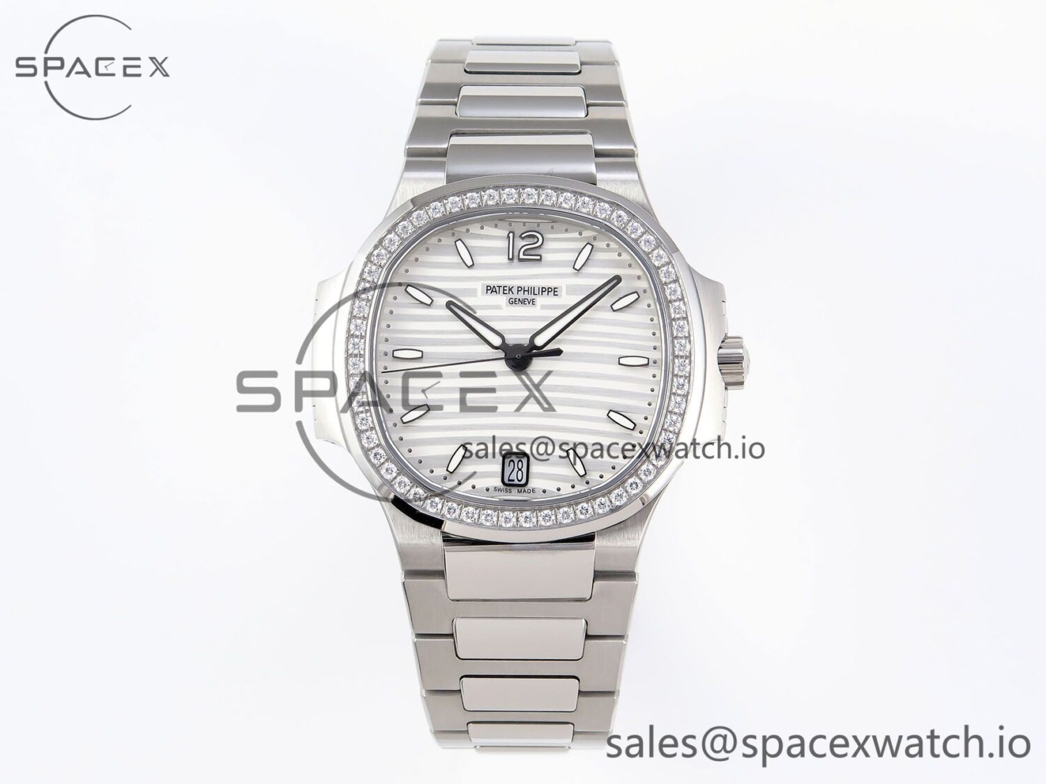 PATEK PHILIPPE NAUTILUS 7118 LADIES SS PPF reference-accurate WHITE DIAL DIAMONDS BEZEL ON SS BRACELET 324CS — custom-built watch