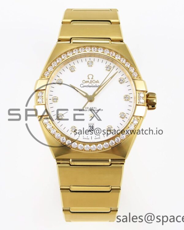 Omega Constellation 39mm YG Diamonds Bezel ASWF reference-accurate White Diamonds Dial on YG Bracelet A8801 — custom-built watch