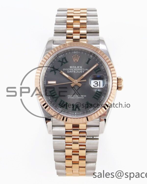 Rolex DateJust 36 SS/RG 126231 VSF reference-accurate 904L Steel Gray Dial Green Roman Marker on Jubilee Bracelet VS3235 — custom-built watch