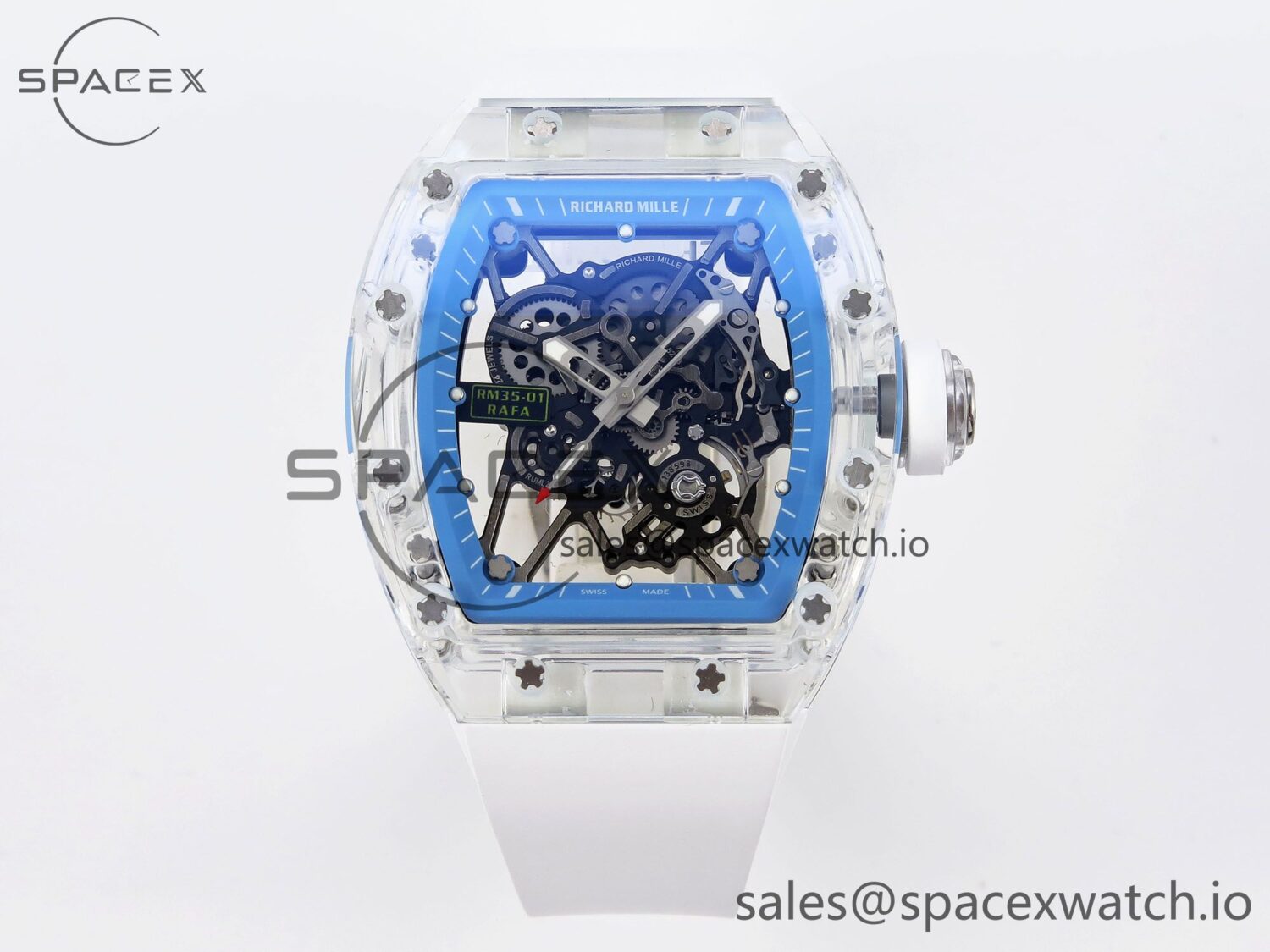 Richard Mille RM035 Transparent RMF Best Edition Skeleton Blue Dial on White Rubber Strap build RMUL2 — custom-built watch