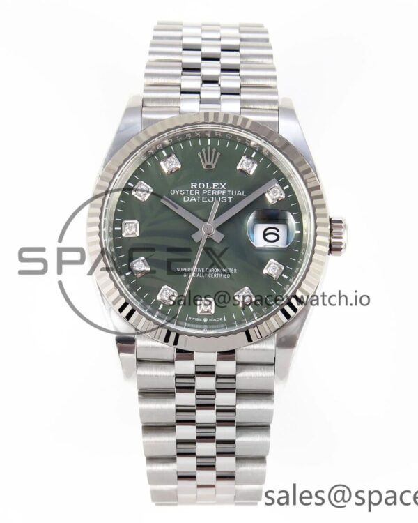 Rolex DateJust 36 126234 Clean reference-accurate 904L Steel Green Leaf Diamonds Dial on Jubilee Bracelet VR3235 — custom-built watch