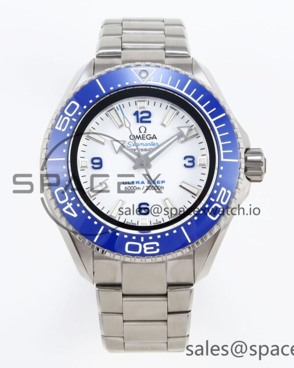 Omega SEAMASTER PLANET OCEAN 6000M ULTRA DEEP 45.5MM SS TF reference-accurate WHITE DIAL BLUE BEZEL ON SS BRACELET A2824 — custom-built watch