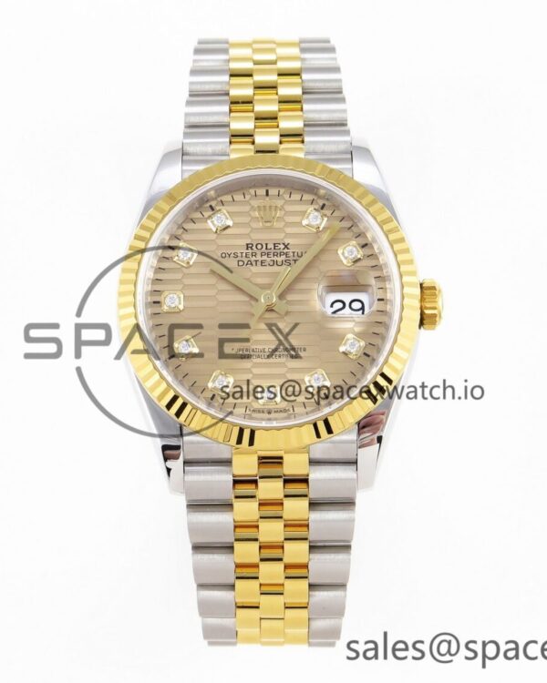 Rolex DateJust 36 SS 126233 VSF reference-accurate 904L Steel YG Textured Diamonds Dial on Jubilee Bracelet VS3235 — custom-built watch