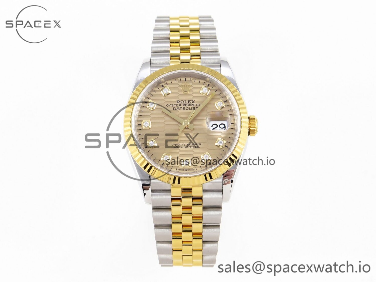 Rolex DateJust 36 SS 126233 VSF reference-accurate 904L Steel YG Textured Diamonds Dial on Jubilee Bracelet VS3235 — custom-built watch