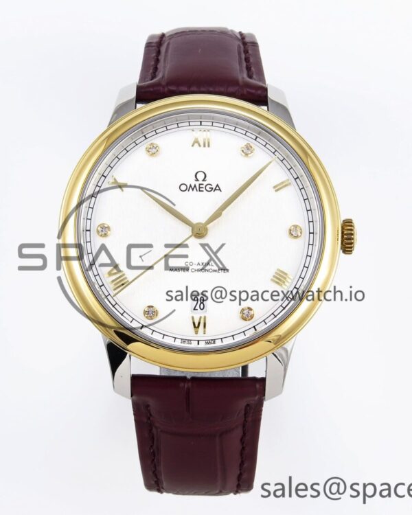 Omega De Ville Date YG MKF reference-accurate White Textured Dial Diamonds Marker on Brown Leather Strap A8800 — custom-built watch