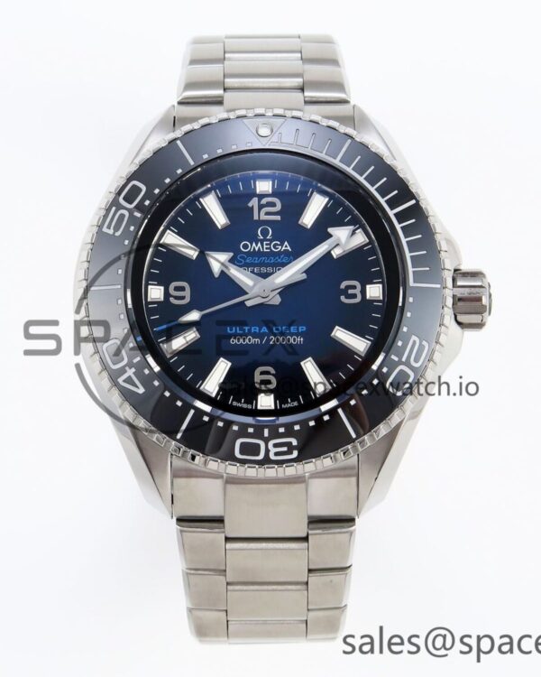 Omega SEAMASTER PLANET OCEAN 6000M ULTRA DEEP 45.5MM SS TF reference-accurate BLUE DIAL BLACK BEZEL ON SS BRACELET A2824 — custom-built watch