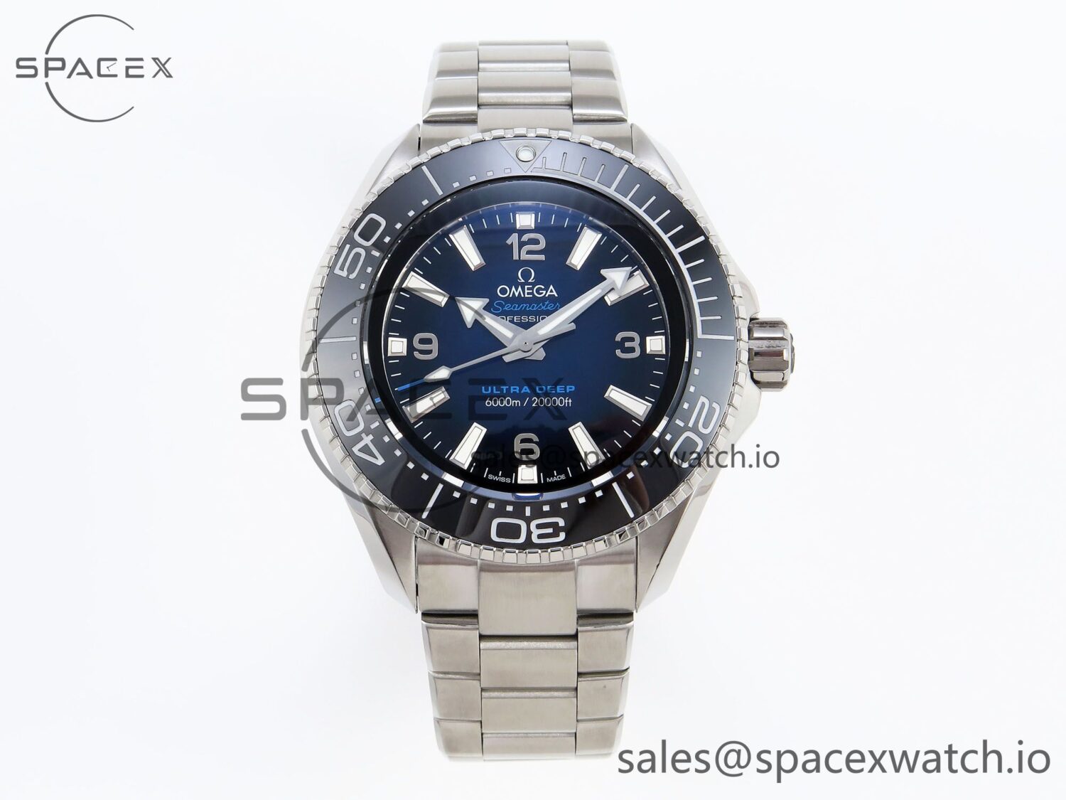 Omega SEAMASTER PLANET OCEAN 6000M ULTRA DEEP 45.5MM SS TF reference-accurate BLUE DIAL BLACK BEZEL ON SS BRACELET A2824 — custom-built watch