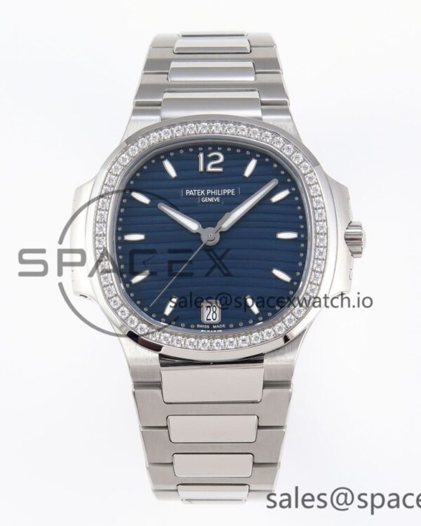 PATEK PHILIPPE NAUTILUS 7118 LADIES SS PPF reference-accurate BLUE DIAL DIAMONDS BEZEL ON SS BRACELET 324CS — custom-built watch