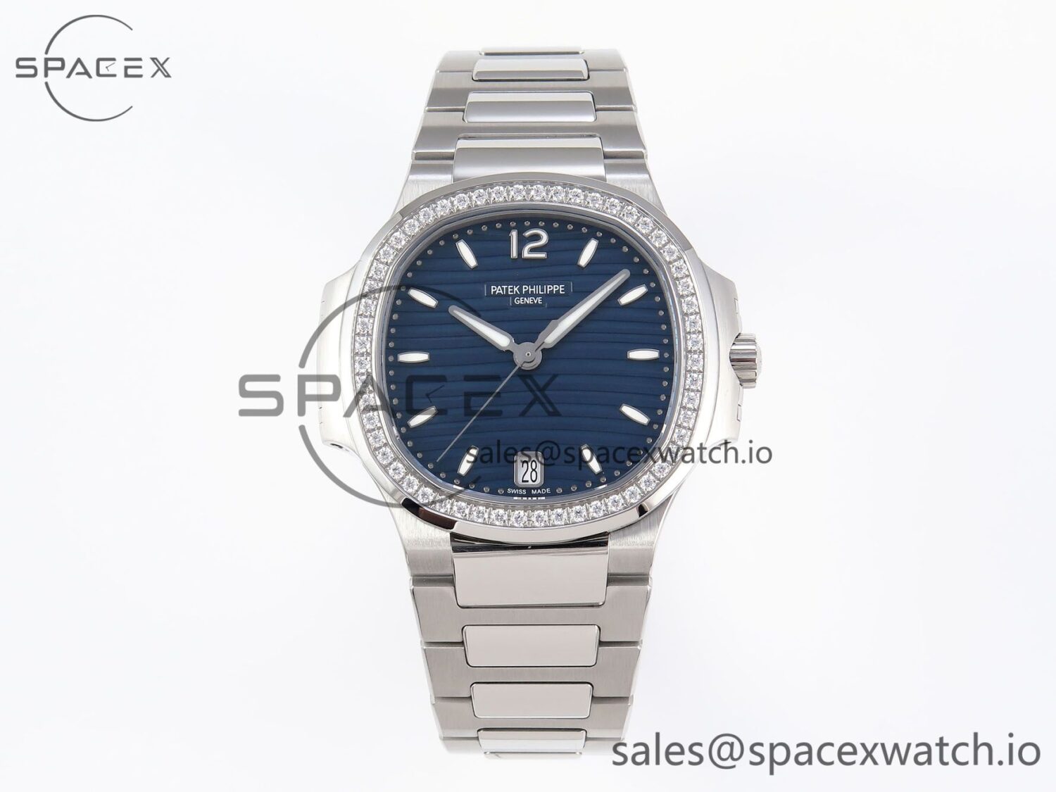 PATEK PHILIPPE NAUTILUS 7118 LADIES SS PPF reference-accurate BLUE DIAL DIAMONDS BEZEL ON SS BRACELET 324CS — custom-built watch