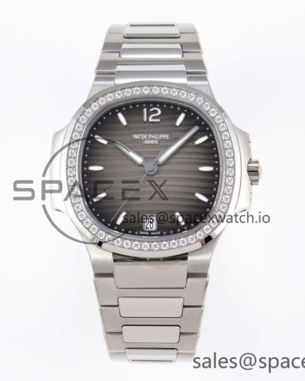 PATEK PHILIPPE NAUTILUS 7118 LADIES SS PPF reference-accurate BROWN DIAL DIAMONDS BEZEL ON SS BRACELET 324CS — custom-built watch