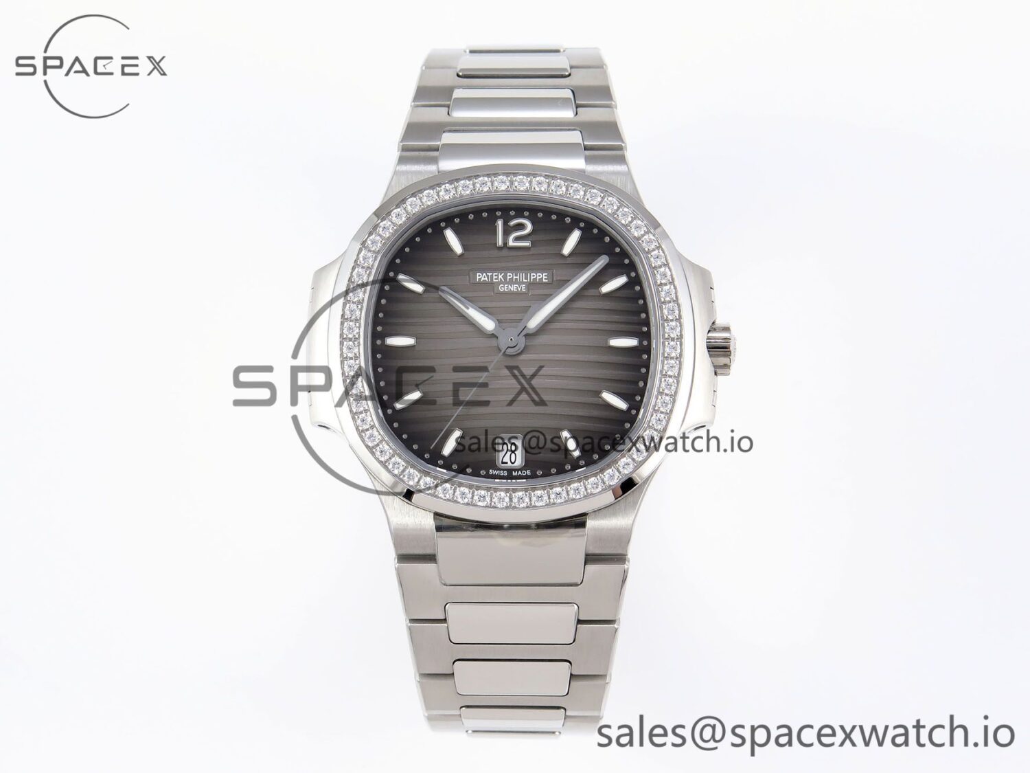 PATEK PHILIPPE NAUTILUS 7118 LADIES SS PPF reference-accurate BROWN DIAL DIAMONDS BEZEL ON SS BRACELET 324CS — custom-built watch