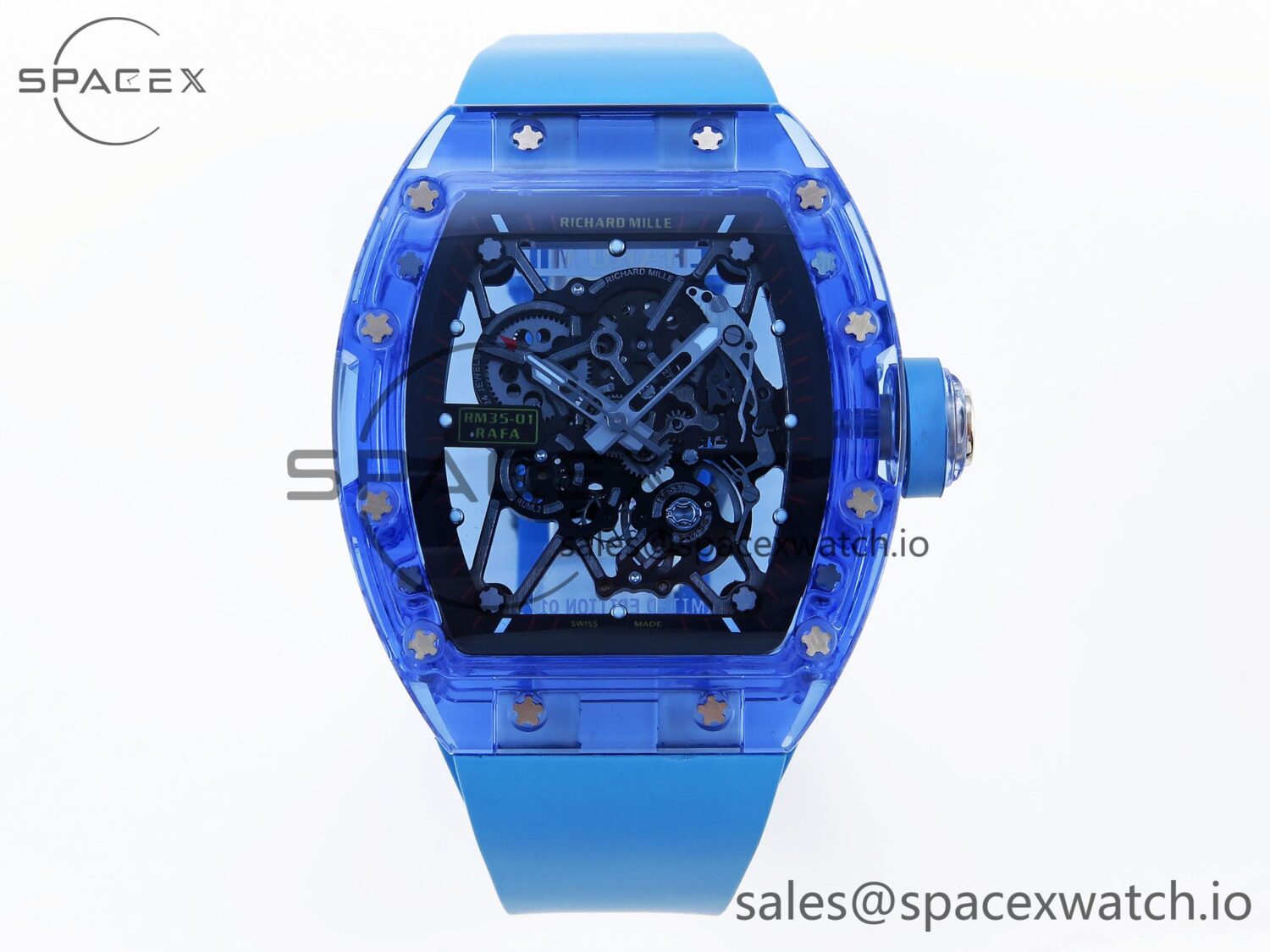 Richard Mille RM035 Blue Transparent RMF Best Edition Skeleton Dial on Blue Rubber Strap build RMUL2 — custom-built watch