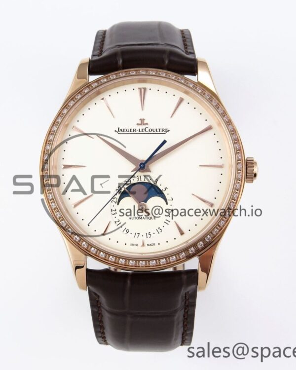 Jaeger-Lecoultre Master Ultra Thin Moon 1368420 RG ZF reference-accurate White Diamond Dial on Brown Leather Strap SA925 hand-finished build V2 — custom-built watch