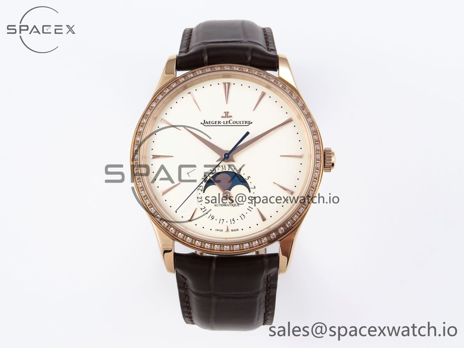 Jaeger-Lecoultre Master Ultra Thin Moon 1368420 RG ZF reference-accurate White Diamond Dial on Brown Leather Strap SA925 hand-finished build V2 — custom-built watch