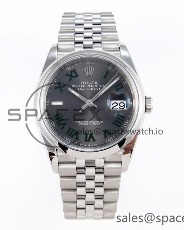 ROLEX DATEJUST 36 SS 126200 VSF reference-accurate 904L STEEL GRAY DIAL GREEN ROMAN ON JUBILEE BRACELET VS3235 — custom-built watch