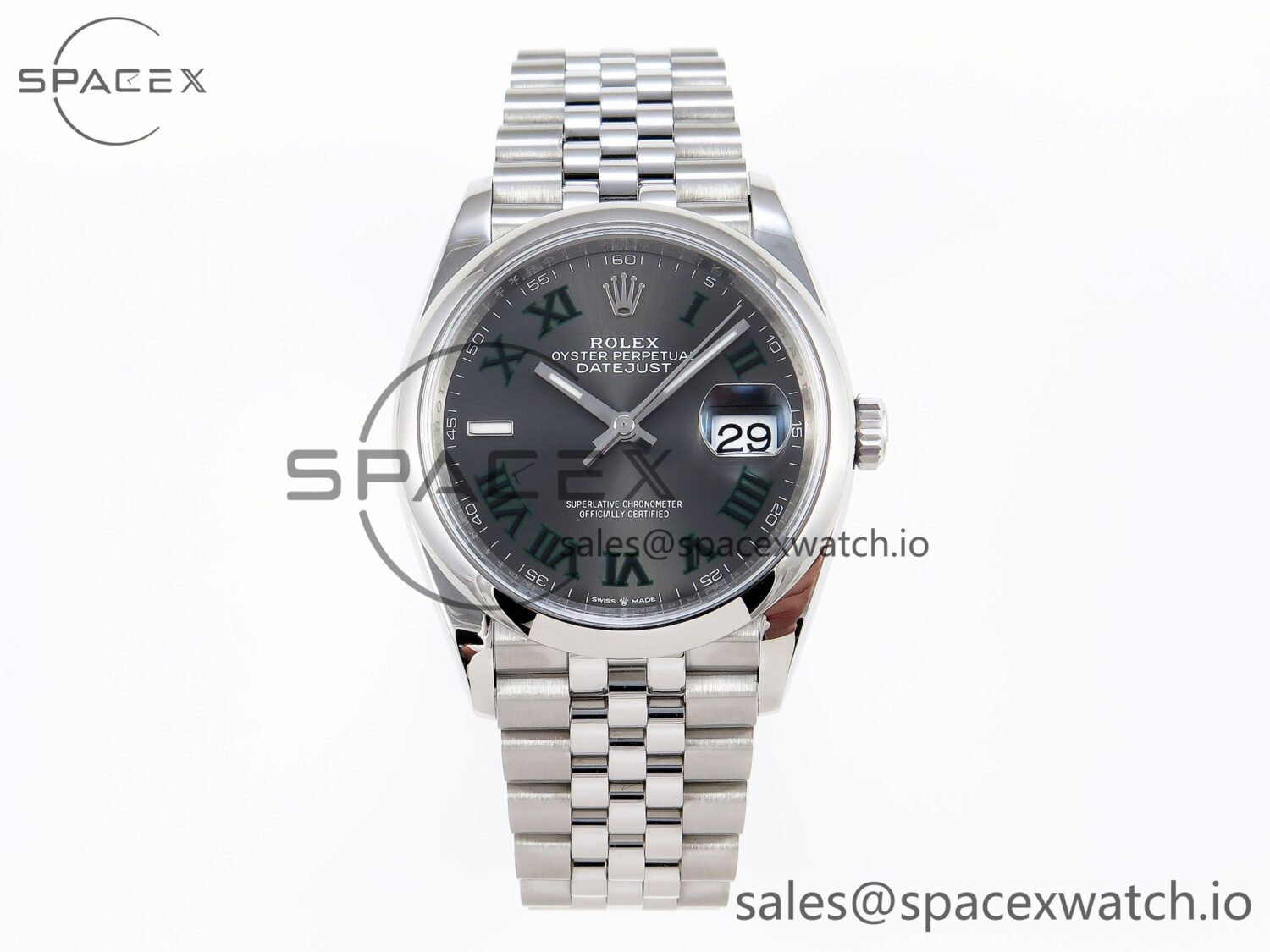 ROLEX DATEJUST 36 SS 126200 VSF reference-accurate 904L STEEL GRAY DIAL GREEN ROMAN ON JUBILEE BRACELET VS3235 — custom-built watch
