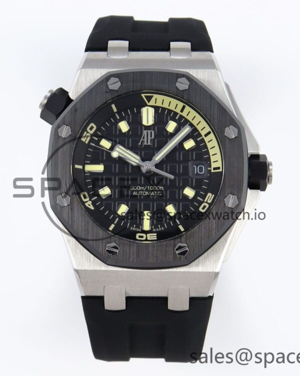 AUDEMARS PIGUET ROYAL OAK OFFSHORE DIVER 15720 CERAMIC BEZEL APSF reference-accurate BLACK DIAL ON BLACK RUBBER STRAP SA4308 — custom-built watch