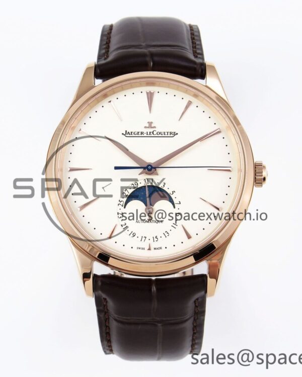 Jaeger-Lecoultre Master Ultra Thin Moon 1368420 RG ZF reference-accurate White Dial on Brown Leather Strap SA925 hand-finished build V2 — custom-built watch