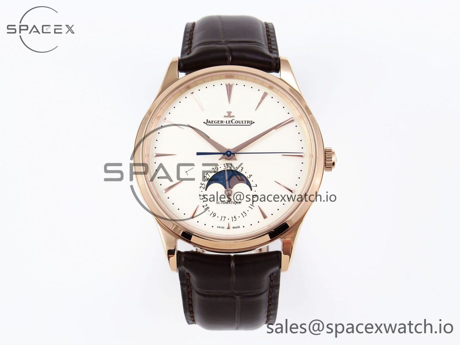 Jaeger-Lecoultre Master Ultra Thin Moon 1368420 RG ZF reference-accurate White Dial on Brown Leather Strap SA925 hand-finished build V2 — custom-built watch