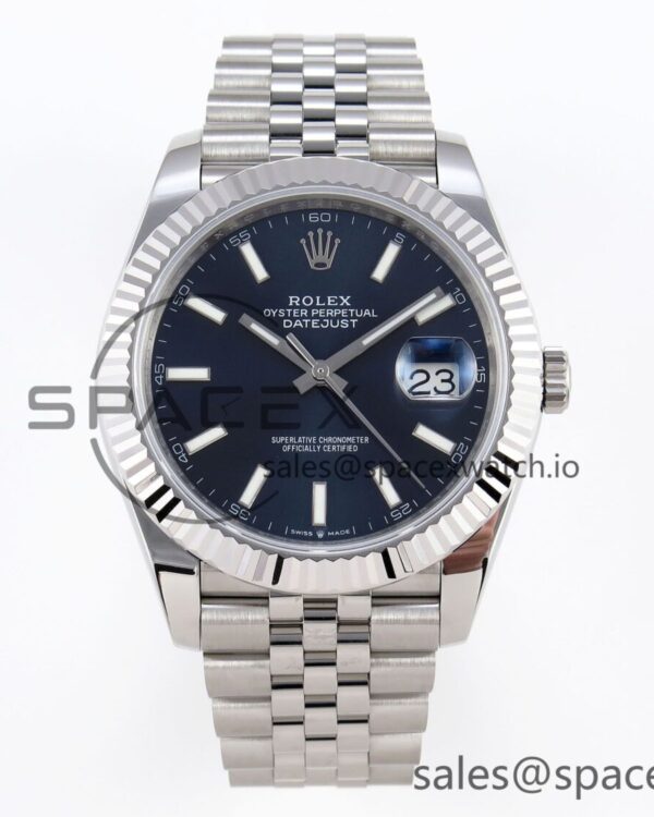 Rolex DateJust 41 126334 Fluted Bezel ARF reference-accurate 904L Steel Blue Stick Dial on Jubilee Bracelet VR3235 — custom-built watch