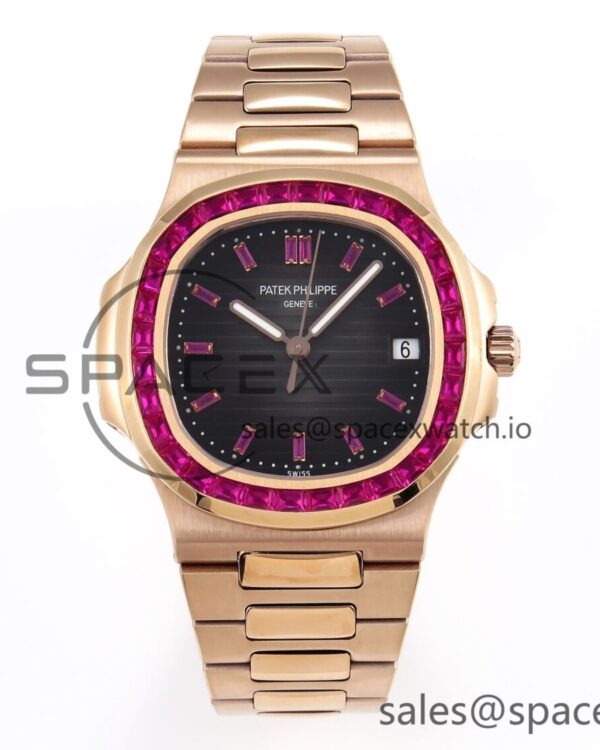 PATEK PHILIPPE NAUTILUS 5711 RG GPF reference-accurate GRAY DIAL PURPLE DIAMONDS BEZEL ON RG BRACELET 324CS — custom-built watch