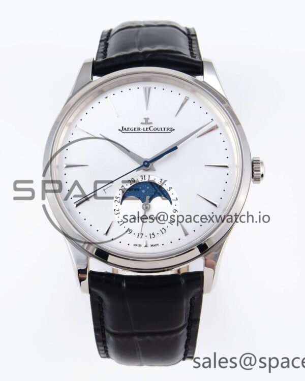 Jaeger-Lecoultre Master Ultra Thin Moon 1368420 SS ZF reference-accurate White Dial on Black Leather Strap SA925 hand-finished build V2 — custom-built watch