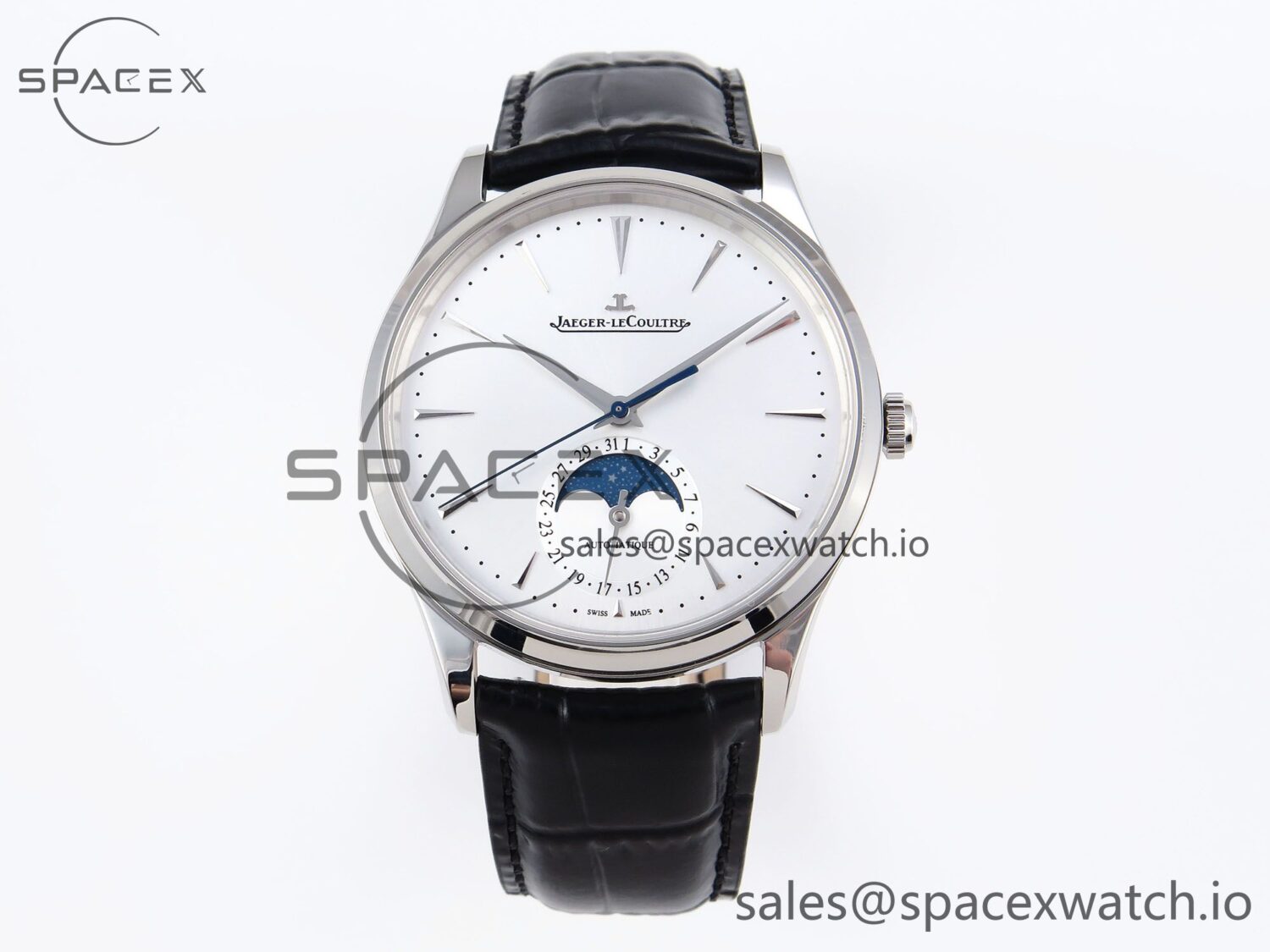 Jaeger-Lecoultre Master Ultra Thin Moon 1368420 SS ZF reference-accurate White Dial on Black Leather Strap SA925 hand-finished build V2 — custom-built watch