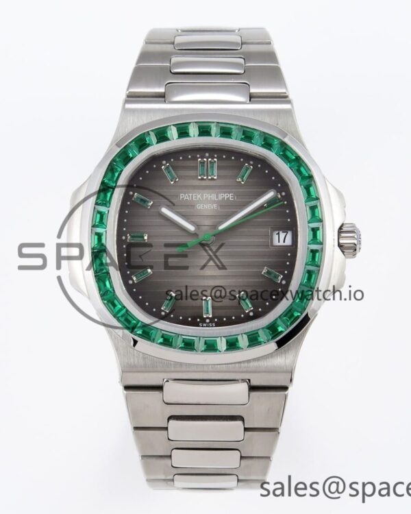 PATEK PHILIPPE NAUTILUS 5711 SS GPF reference-accurate GRAY DIAL GREEN DIAMONDS BEZEL ON SS BRACELET 324CS — custom-built watch
