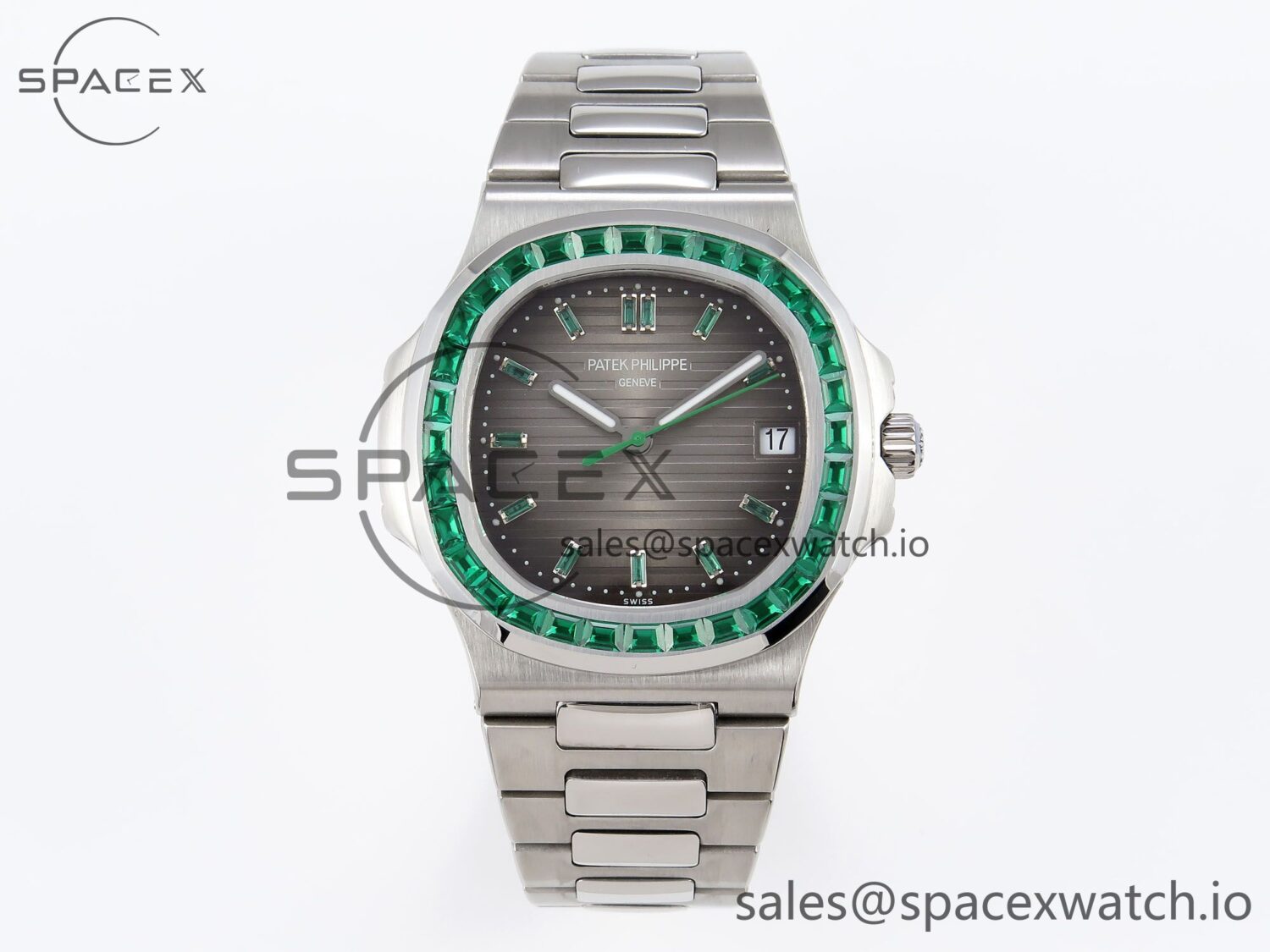 PATEK PHILIPPE NAUTILUS 5711 SS GPF reference-accurate GRAY DIAL GREEN DIAMONDS BEZEL ON SS BRACELET 324CS — custom-built watch