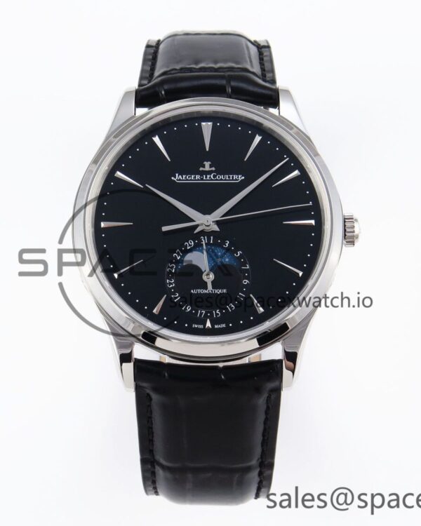 Jaeger-Lecoultre Master Ultra Thin Moon 1368420 SS ZF reference-accurate Black Dial on Black Leather Strap SA925 hand-finished build V2 — custom-built watch