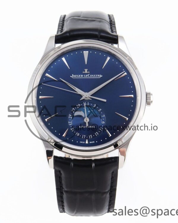 Jaeger-Lecoultre Master Ultra Thin Moon 1368420 SS ZF reference-accurate Blue Dial on Black Leather Strap SA925 hand-finished build V2 — custom-built watch