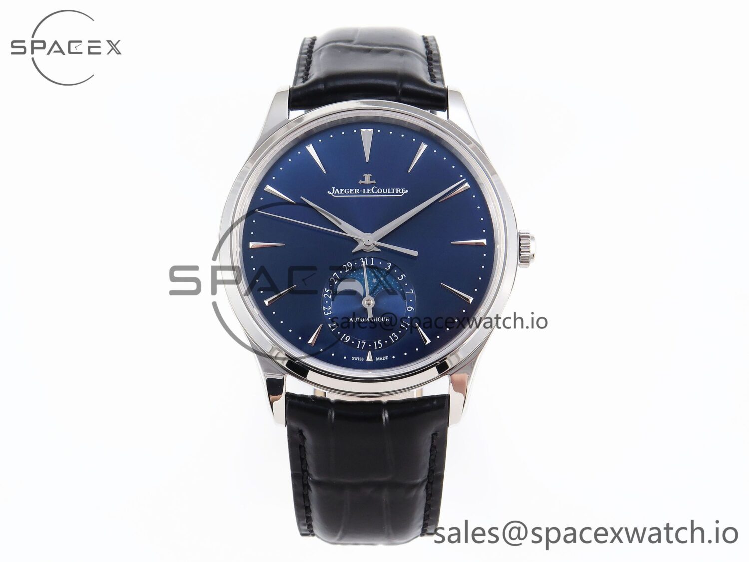 Jaeger-Lecoultre Master Ultra Thin Moon 1368420 SS ZF reference-accurate Blue Dial on Black Leather Strap SA925 hand-finished build V2 — custom-built watch