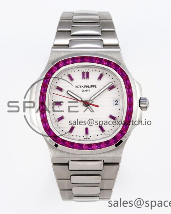 PATEK PHILIPPE NAUTILUS 5711 SS GPF reference-accurate WHITE DIAL PURPLE DIAMONDS BEZEL ON SS BRACELET 324CS — custom-built watch