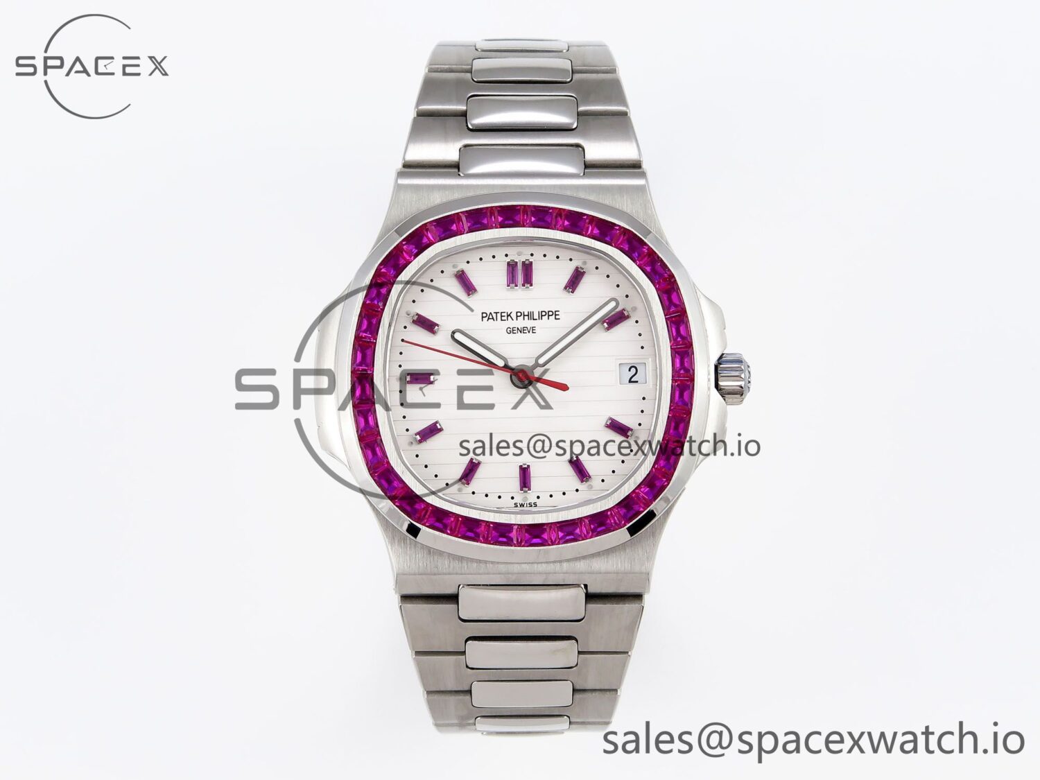 PATEK PHILIPPE NAUTILUS 5711 SS GPF reference-accurate WHITE DIAL PURPLE DIAMONDS BEZEL ON SS BRACELET 324CS — custom-built watch