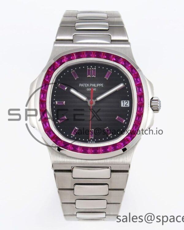 PATEK PHILIPPE NAUTILUS 5711 SS GPF reference-accurate GRAY DIAL PURPLE DIAMONDS BEZEL ON SS BRACELET 324CS — custom-built watch