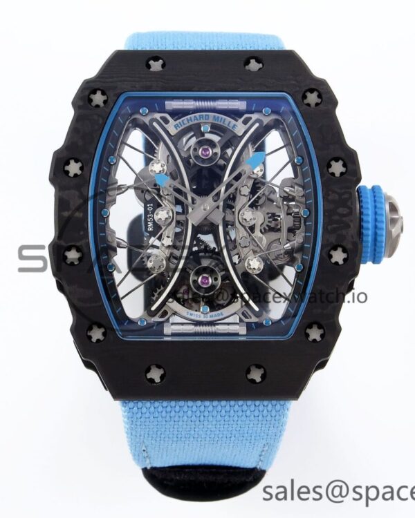Richard Mille RM53-02 TOURBILLON CARBON RMF BEST EDITION SKELETON DIAL ON BLUE NYLON STRAP — custom-built watch