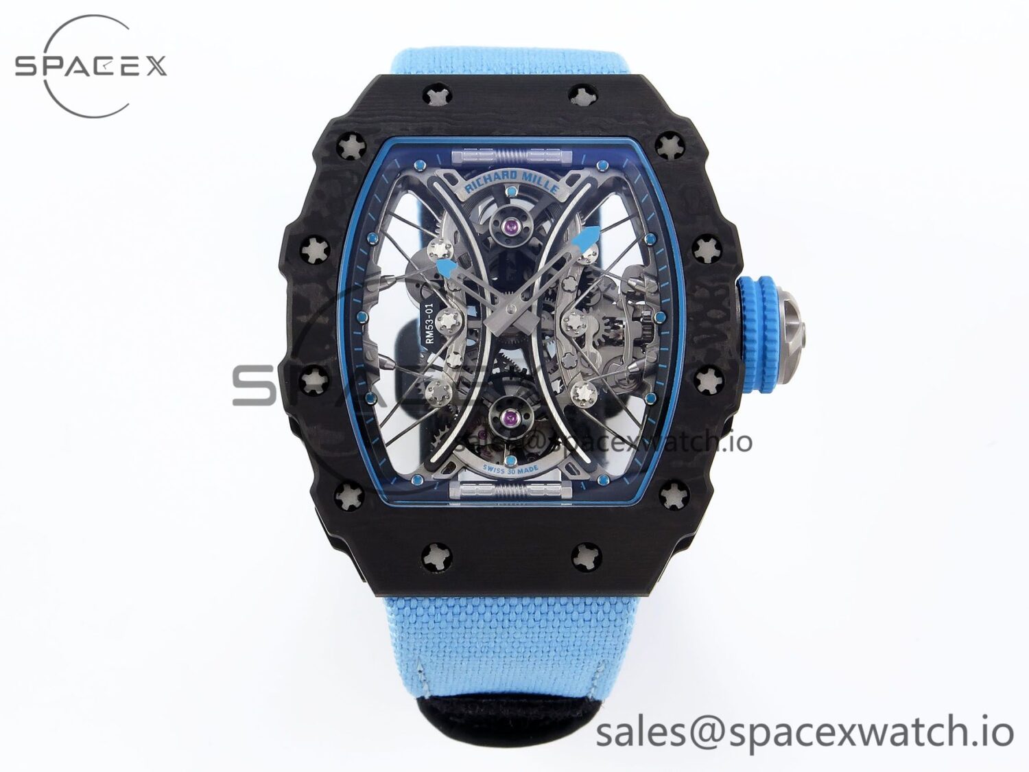 Richard Mille RM53-02 TOURBILLON CARBON RMF BEST EDITION SKELETON DIAL ON BLUE NYLON STRAP — custom-built watch