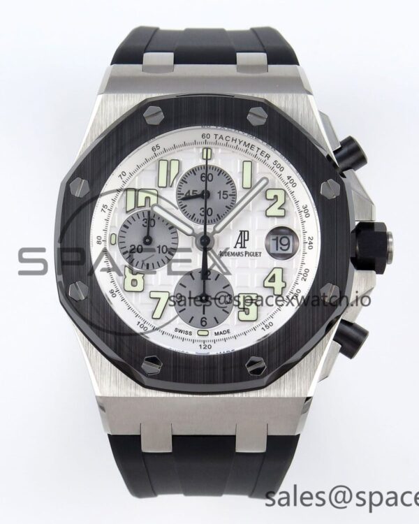 AUDEMARS PIGUET ROYAL OAK OFFSHORE 42MM SS BLACK CERAMIC BEZEL APF reference-accurate WHITE/SILVER DIAL ON BLACK RUBBER STRAP A7750 — custom-built watch