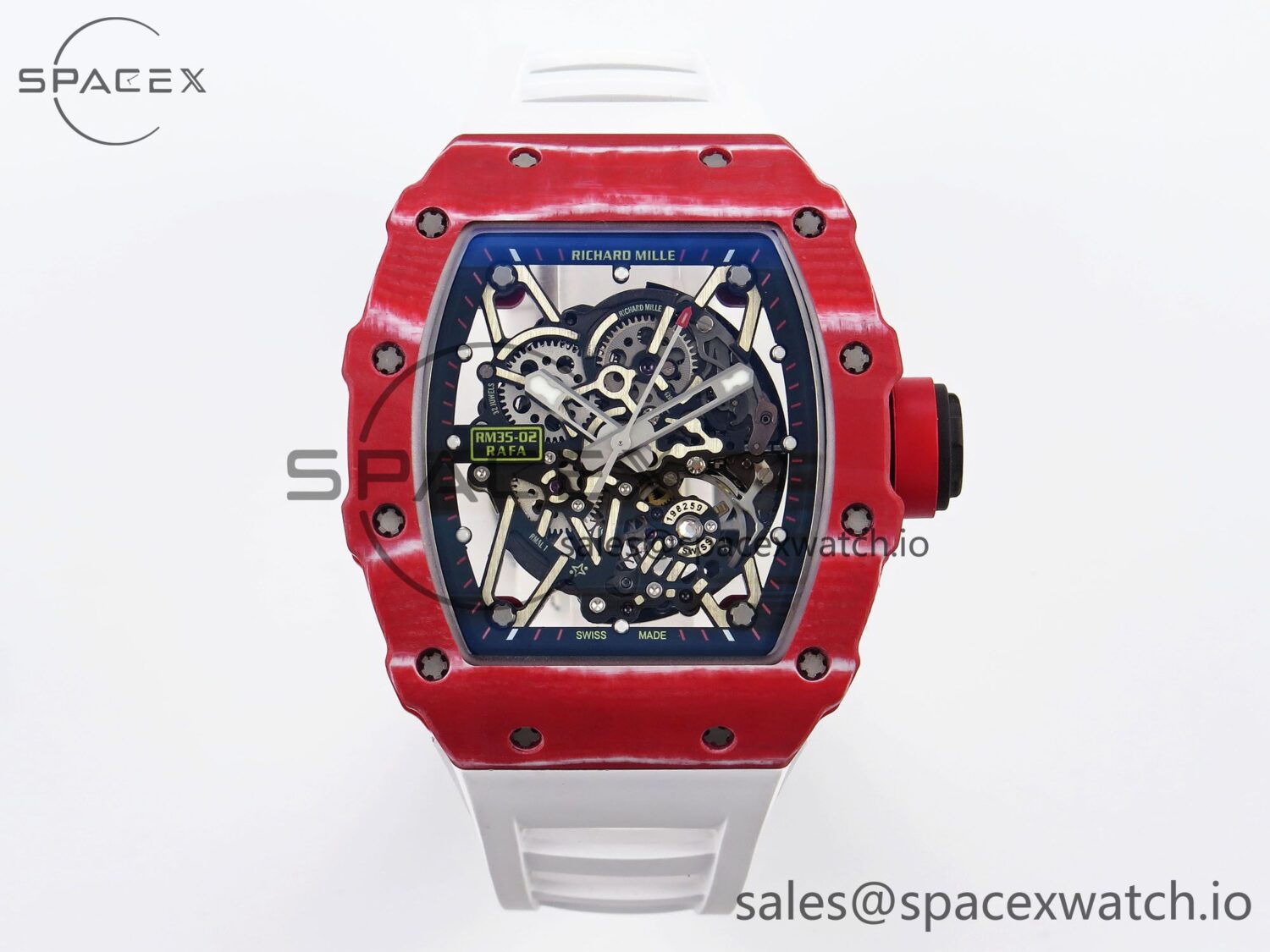 Richard Mille RM035 Red Carbon T+F Best Edition Skeleton Dial on White Rubber Strap build RMUL2 — custom-built watch