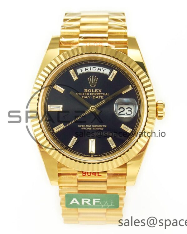 Day Date 40 228238 ARF 904L Steel Black Crystal Diamonds Bezel on President Bracelet VR3255 — custom-built watch