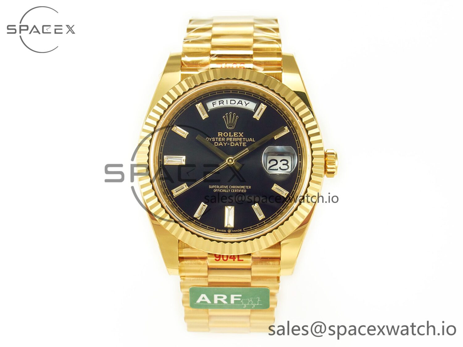 Day Date 40 228238 ARF 904L Steel Black Crystal Diamonds Bezel on President Bracelet VR3255 — custom-built watch