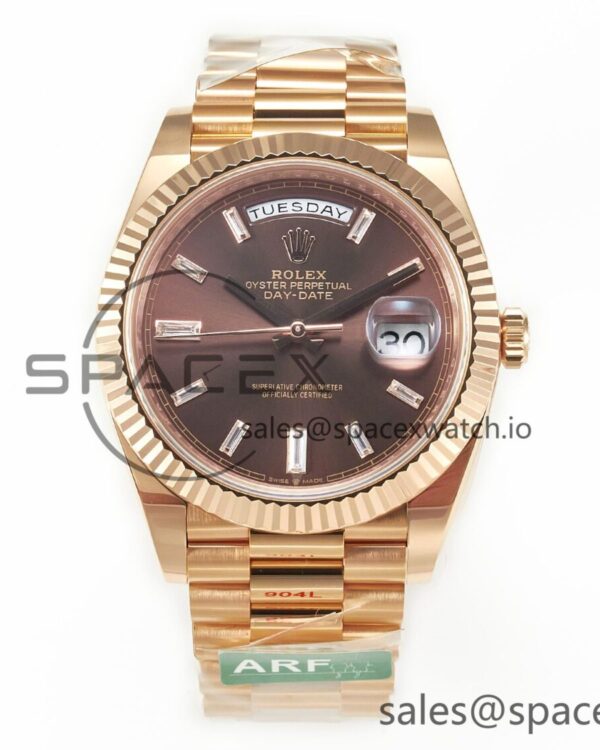 Day Date 40 228235 ARF 904L Steel Brown Crystal Diamonds Bezel on President Bracelet VR3255 — custom-built watch