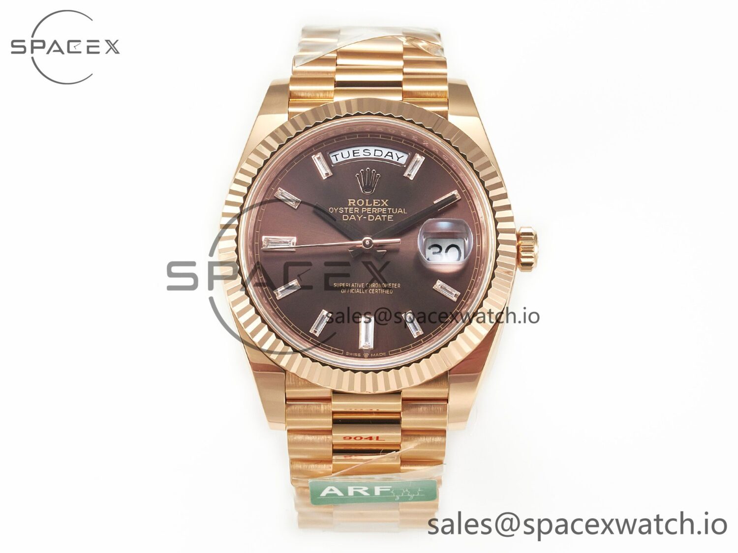 Day Date 40 228235 ARF 904L Steel Brown Crystal Diamonds Bezel on President Bracelet VR3255 — custom-built watch