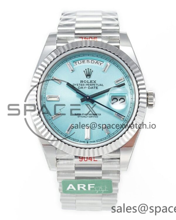 Day Date 40 228236 ARF 904L Steel Tiffany Blue Crystal Diamonds Bezel on President Bracelet VR3255 — custom-built watch