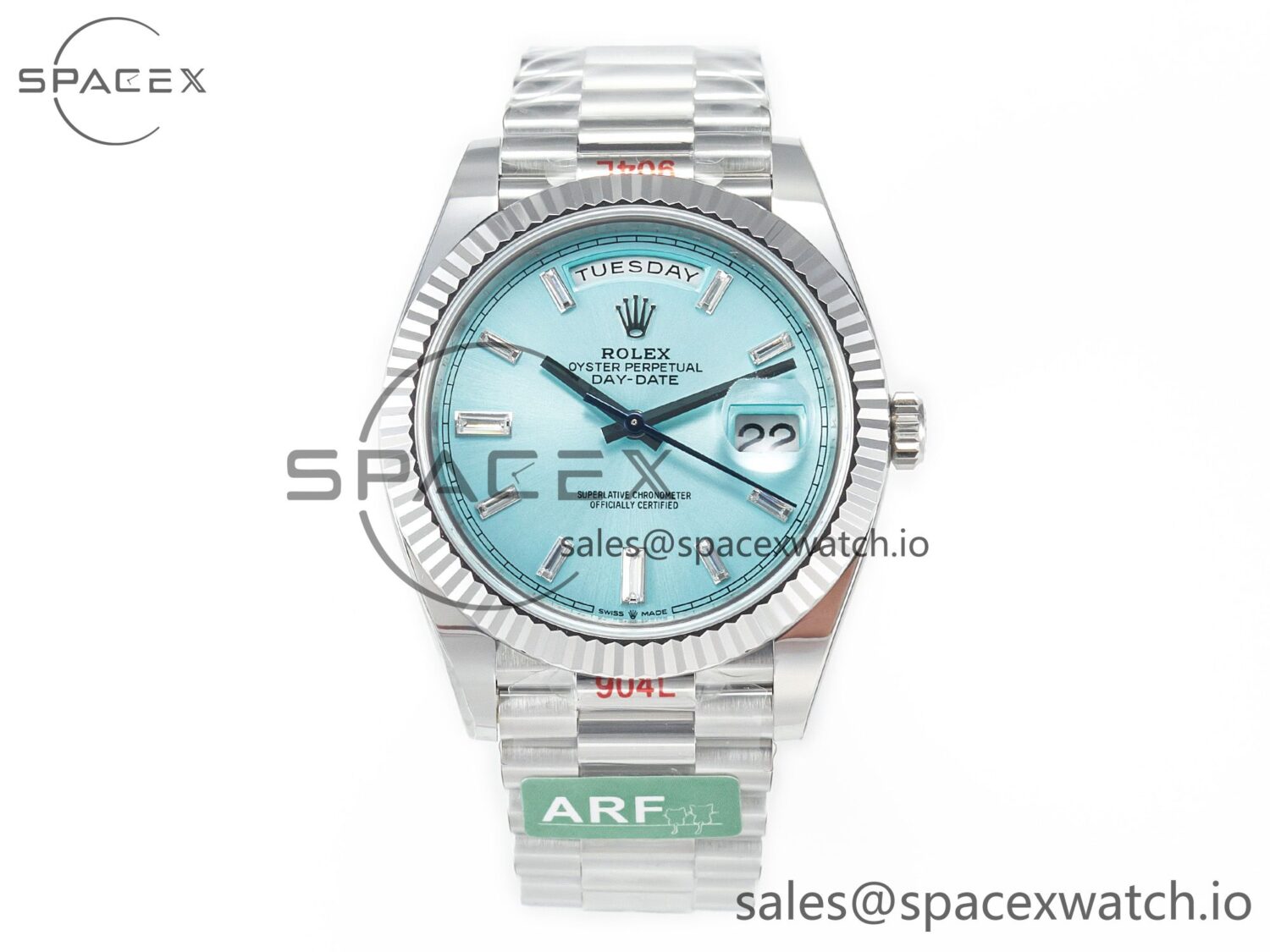 Day Date 40 228236 ARF 904L Steel Tiffany Blue Crystal Diamonds Bezel on President Bracelet VR3255 — custom-built watch