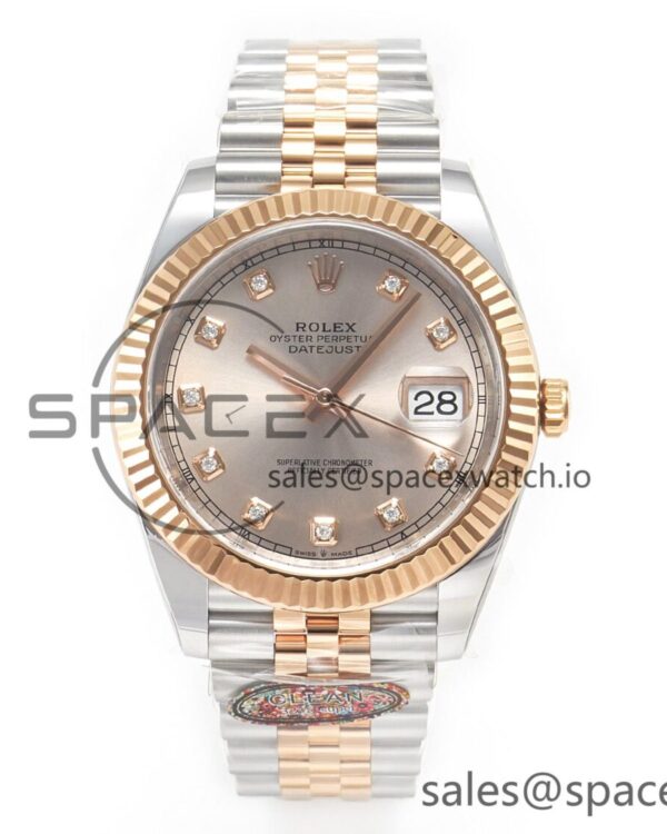 DateJust 41 126331 904L SS/RG Clean reference-accurate Steel Silver Diamond Stick Dial on Jubilee Bracelet VR3235 — custom-built watch