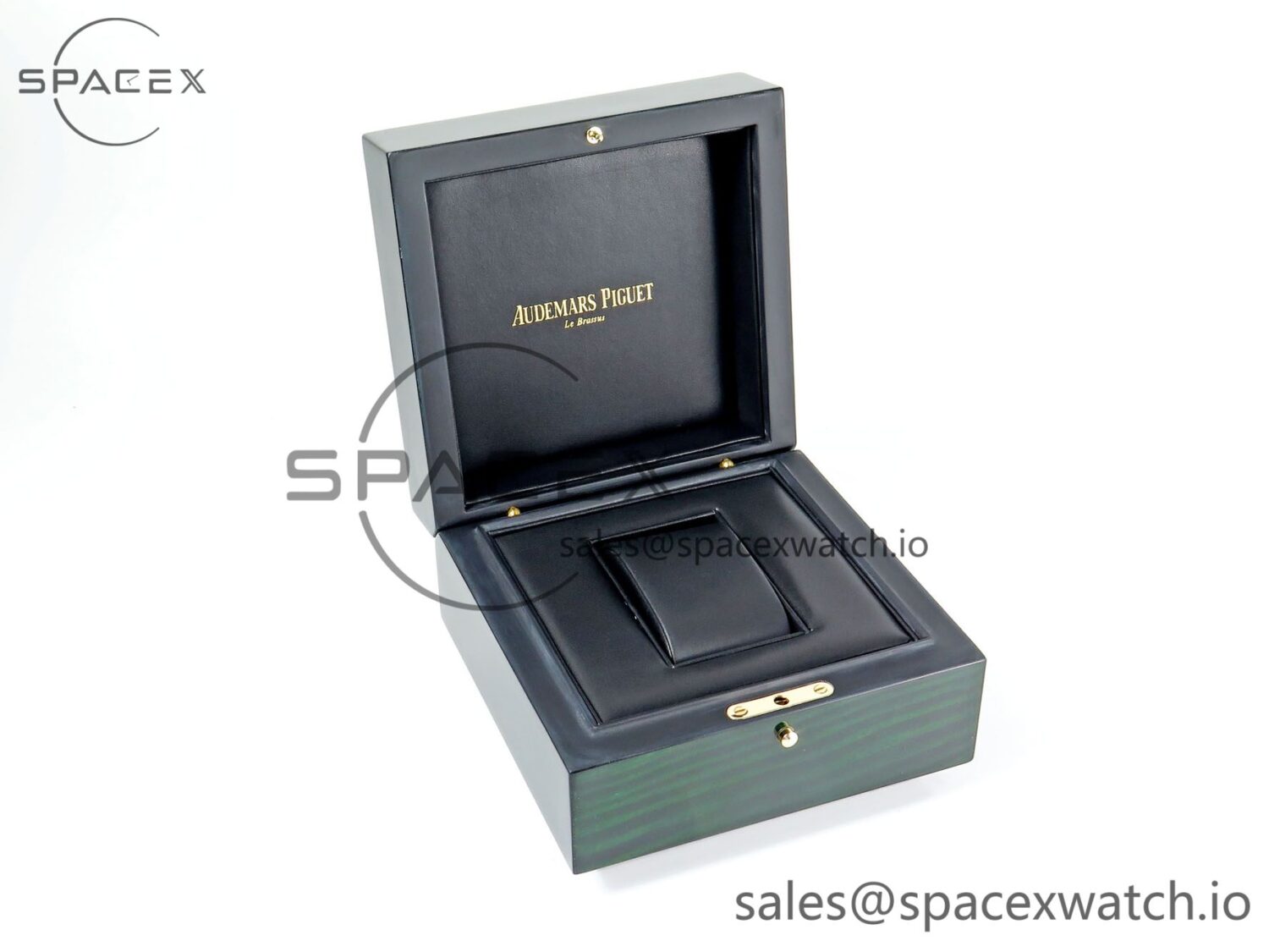 AUDEMARS PIGUET NEW GREEN WOODEN WATCH BOX AND PAPERS IMPORTANT NOTE — custom-built watch