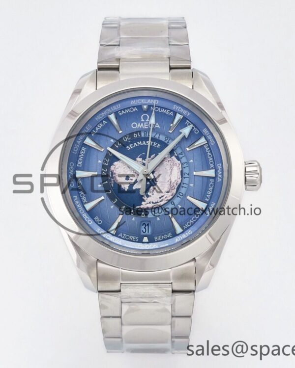 Aqua Terra 150M 43mm Worldtimer 24 VSF reference-accurate Summer Blue Dial on SS Bracelet A8938 hand-finished build — custom-built watch